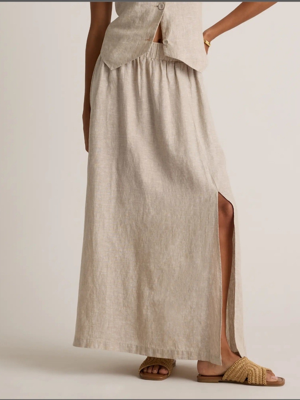 Quince Natural Beige Linen Maxi Skirt with Side Slit
